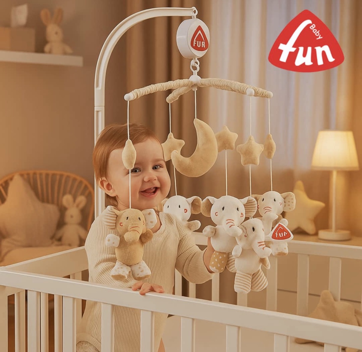 آویز بالای تخت طرح فیل پولیشی با پایه و موزیکال برند Fun Baby