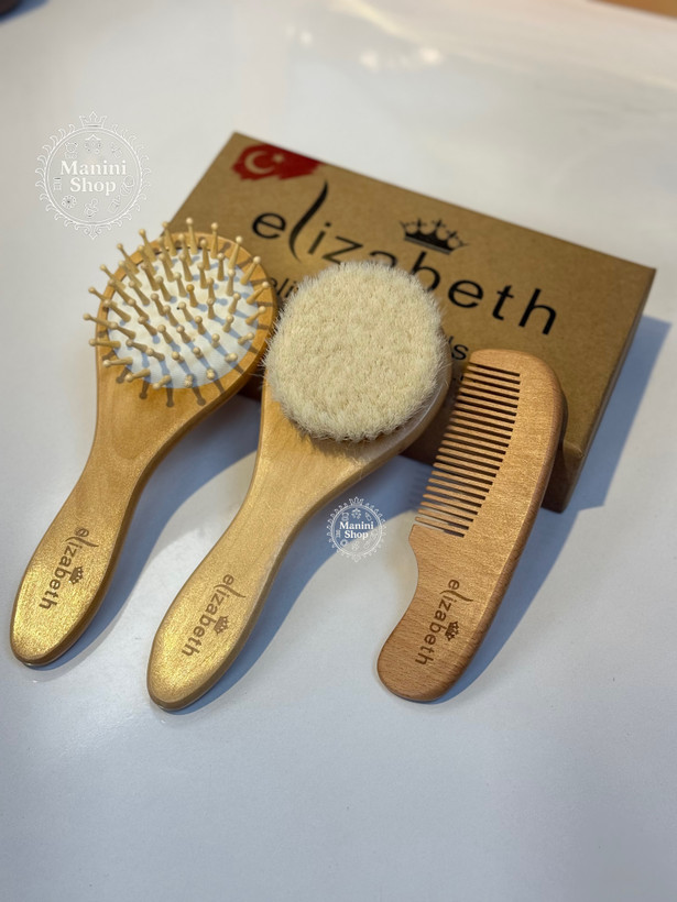 ست شانه برس ۳ تکه چوبی با الیاف طبیعی برند الیزابت Elizabeth سیسمونی مانینی شاپ