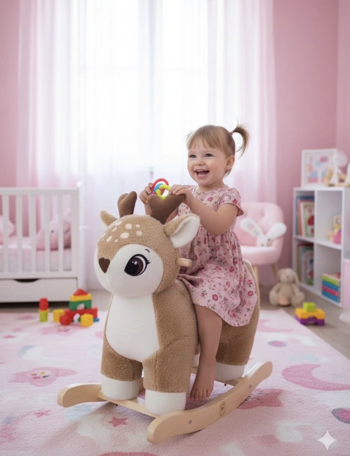 راکر عروسکی با پای چوب راش و پارچه پولیشی ضد حساسیت و دسته چوبی برای بازی کودک – سیسمونی مانینی شاپ