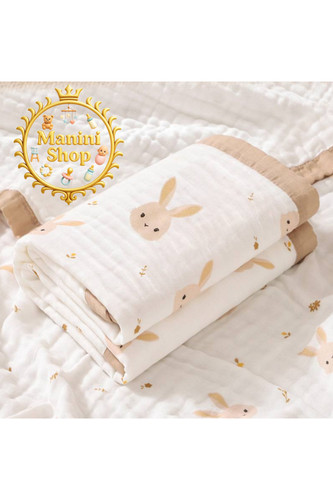 پتو دورپیچ موسلین خارجی طرح خرگوش کرم سایز ۱۱۰*۱۱۰