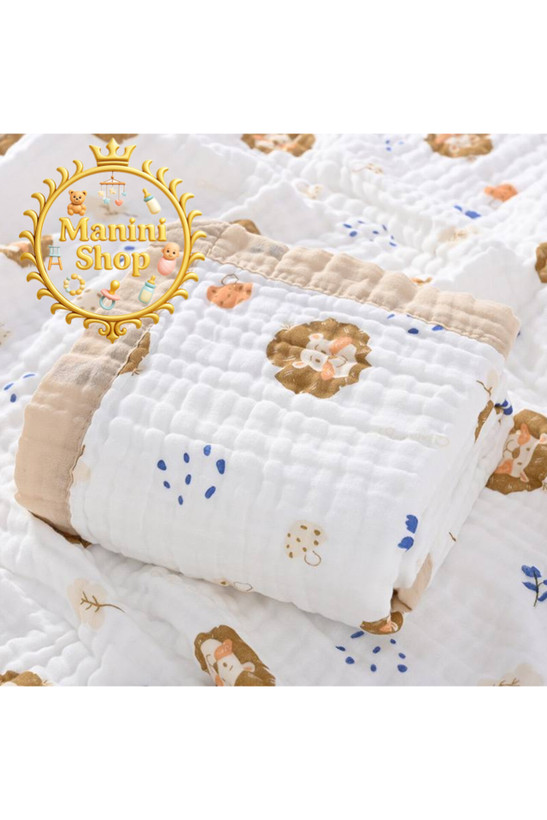 پتو دورپیچ موسلین خارجی طرح شیر کرم سایز ۱۱۰*۱۱۰