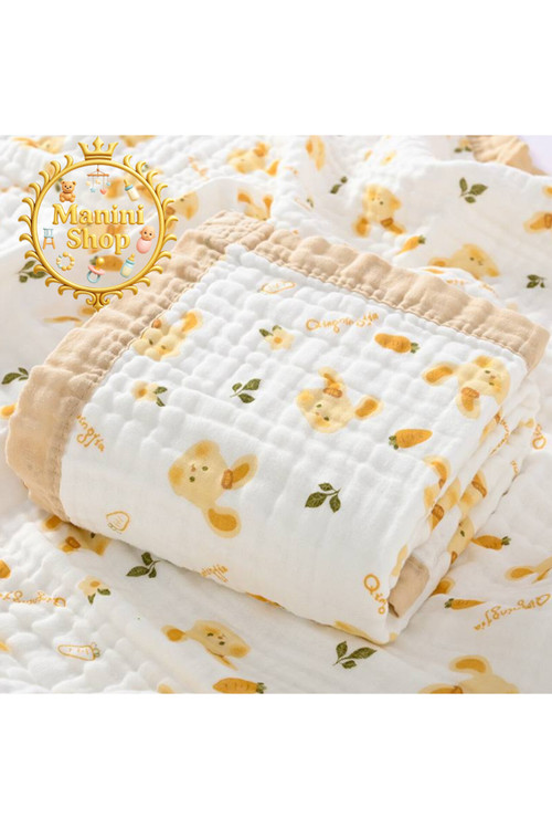 پتو دورپیچ موسلین خارجی طرح خرگوش و هویچ کرم سایز ۱۱۰*۱۱۰