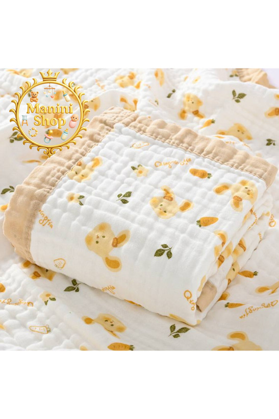 پتو دورپیچ موسلین خارجی طرح خرگوش و هویچ کرم سایز ۱۱۰*۱۱۰