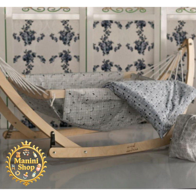 گهواره ننو سنتی نوزاد 8 طناب چوبی ضد رفلاکس طوسی مانی نی شاپ