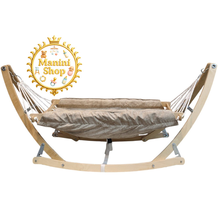 گهواره ننو سنتی نوزاد 8 طناب چوبی ضد رفلاکس طوسی و کرم مانی نی شاپ