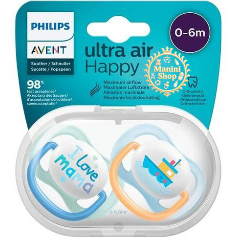 پستانک 6-0 ماه فیلیپس اونت مدل اولترا ایر هَپی طرح کشتی و ماما PHILIPS AVENT