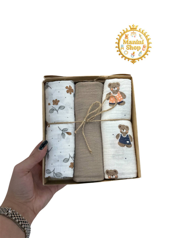 دستمال خشک کن موسلین 3 تایی کارامل 90×90 ترکیه ای و نخ پنبه