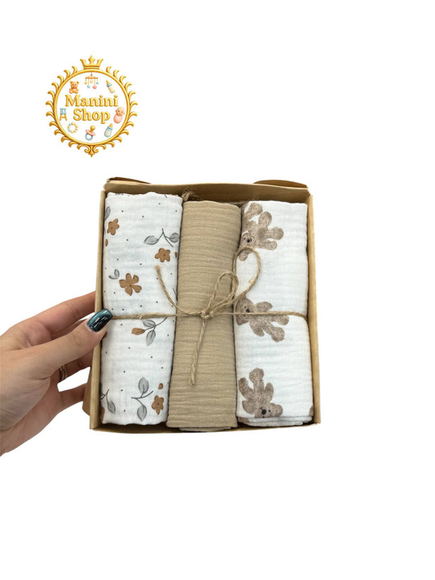 دستمال خشک کن موسلین 3 تایی کارامل 90×90 ترکیه ای و نخ پنبه