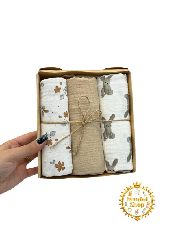 دستمال خشک کن موسلین 3 تایی کارامل 90×90 ترکیه ای و نخ پنبه